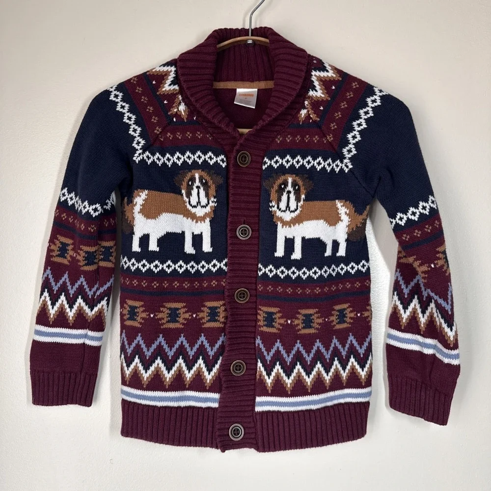 Gymboree Boys Fair Isle Dog Knit Cardigan Sweater Size 6 Playful Pups Thick